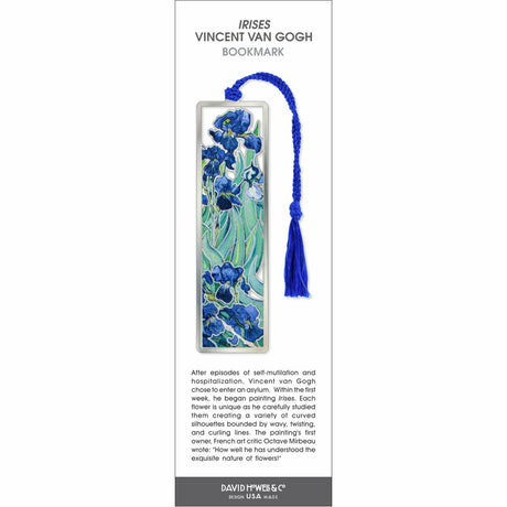 Irises Vincent van Gogh bookmark featuring vibrant blue irises inspired by Van Gogh’s iconic painting, finished with a silver-tone frame and bright blue tassel.