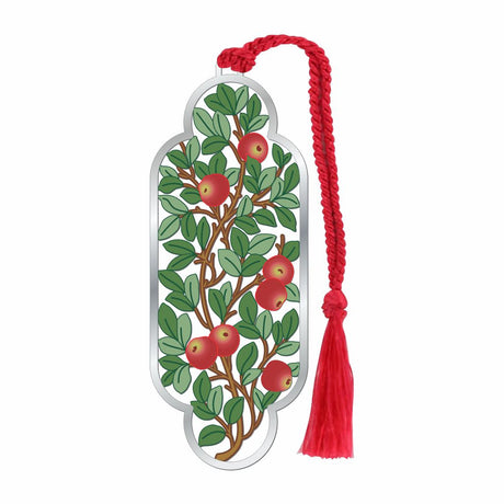 William Morris Bookmark with red apples and green leaves design with red braided tassel