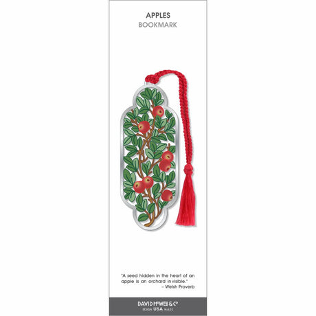 Apples bookmark featuring red apples and green leaves on branching vines, finished with a bright red tassel and silver-tone border.