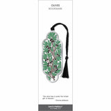 Olives bookmark featuring olive branches with green leaves and dark olives, framed in silver-tone metal with a coordinating black tassel.