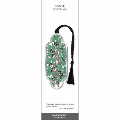Olives bookmark featuring olive branches with green leaves and dark olives, framed in silver-tone metal with a coordinating black tassel.