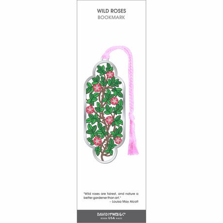 Wild Roses bookmark featuring pink wild rose blossoms and green leaves on intertwining vines, finished with a soft pink tassel and silver-tone border.