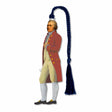 An metal bookmark illustration of Alexander Hamilton with a long coat adorned with navy braided tassel.