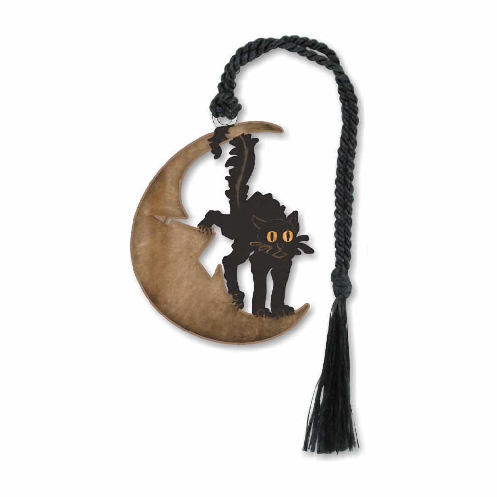 Chat-Noir Cabaret Sign Metal Bookmark designed with a crescent moon and a black cat silhouette, with   a braided black tassel.