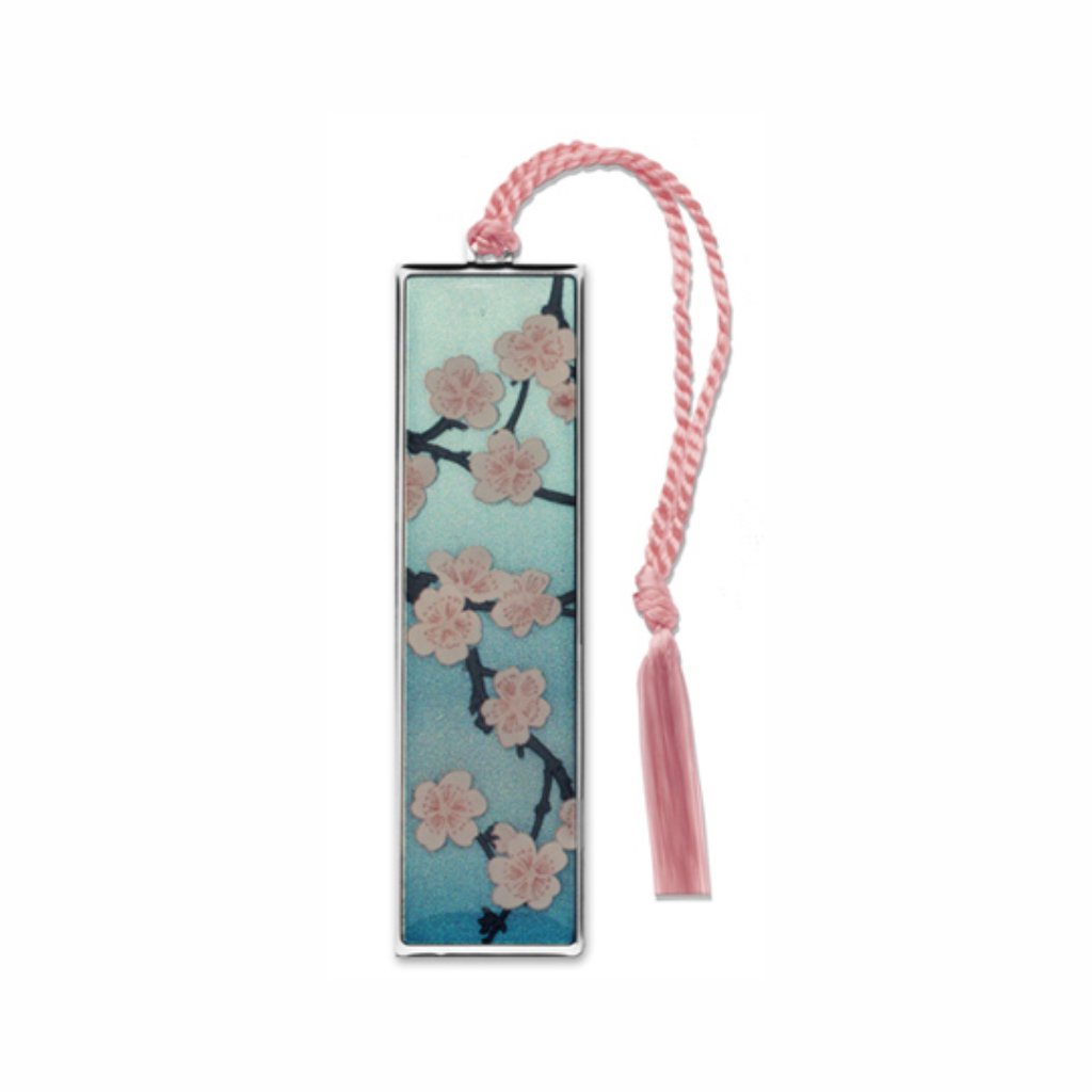 Cherry Blossom Metal Bookmark featuring  delicate cherry blossoms, capturing the spring Sakura season with soft pink floral imagery on a blue background with pink braided tassel for a museum-quality cherry blossom season gift, readers, and art gift.