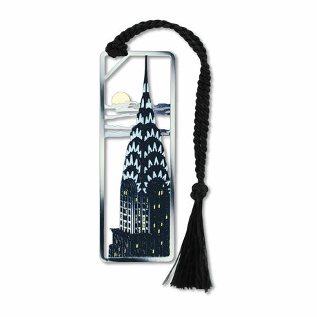 Chrysler Building metal bookmark inspired by the Art Deco skyscraper in New York City, featuring its iconic terraced crown and eagle ornament details with black braided tassel.