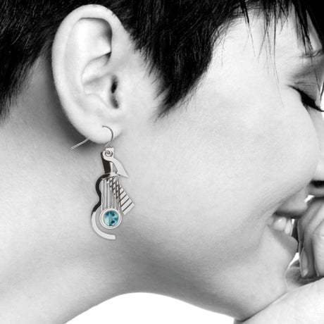Cubist Guitar Earrings, Silver/Blue Bead