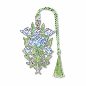 A metal bookmark in the shape of a floral design with blue flowers and a green tassel, electro-plated with non-tarnishing silver.