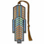 Frank Lloyd Wright Dana-Thomas House Metal Bookmark is foundation-approved, featuring a geometric pattern  in blue and orange, resembling a stained glass window with a brown braided tassel