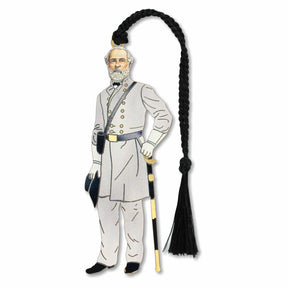 A silver metal bookmark featuring an illustration of General Robert E. Lee in Confederate general's uniform, holding a sword, with a black braided tassel.