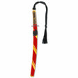 A replica of a Japanese daito sword with a red and gold sheath, featuring a spiral gold design on the sword handle and a black tassel.