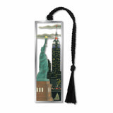 Liberty and Empire State metal bookmark inspired by a view across New York Harbor, featuring the Statue of Liberty and the Empire State Building side by side. The design highlights the intricate architectural details and monumental scale of these two iconic New York landmarks, dedicated in 1886 and opened in 1931 respectively with black braided tassel.