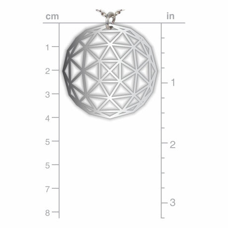 Geodesic Dome necklace pendant size comparison image showing a silver-tone geometric pendant with an open triangular dome pattern against a centimeter and inch measurement scale.