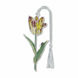 A metal bookmark in the shape of a tulip flower with red, yellow bloom and a bug on a green leaf attached to a gray ribbon tassel.