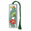 A silver metal bookmark featuring a prickly pear cactus with vibrant flowers,  attached to a green tassel.