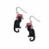 Le Chat Noir features a black cat with a red halo with silver finish, hyo-allergenic ear wires.