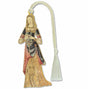 A brass bookmark in the shape of a medieval tapestry depiction of a lady, with amaidservant and a basket of flowers, framed by a lion and unicorn, with a tassel.