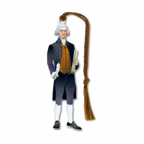 A metal bookmark shaped like Thomas Jefferson in a blue top coat  holding a quill and Declaration of  Independence with a brown braided tassel.
