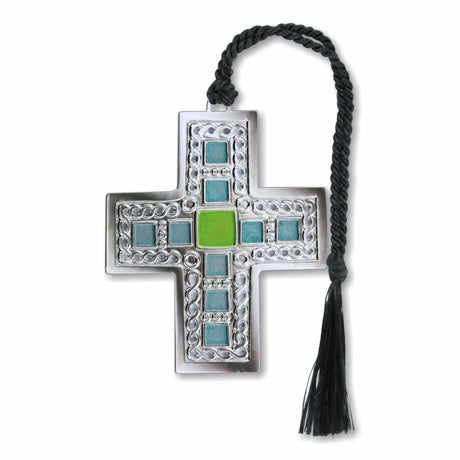 A silver metal bookmark in the shape of a cross, featuring a combination of silver and colorful blue and green accents, with a black tassel.
