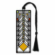 Frank Lloyd Wright Heath House Window Metal Bookmark is foundation-approved, featuring a geometric pattern inspired by a stained glass window design with a green braided tassel.