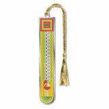 A Frank Lloyd Wright Saguaro Forms Metal Bookmark with a braided gold-colored tassel, featuring a colorful design with a cactus and geometric shapes that is foundation-approved