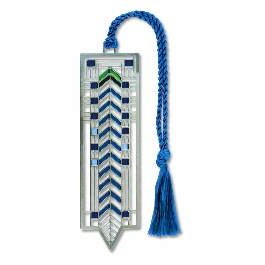 Prairie School Stained Glass Metal Bookmark featuring a geometric  Chevron pattern inspired by a stained glass window design with a blue braided tassel
