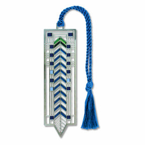 Prairie School Stained Glass Metal Bookmark featuring a geometric  Chevron pattern inspired by a stained glass window design with a blue braided tassel