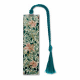 William Morris Floral Honeysuckle Metal Bookmark with green leaf design and green braided tassel